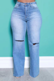 Blå Fashion Solid Ripped Plus Size Jeans