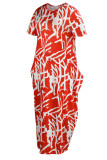 Красное модное повседневное длинное платье с принтом в стиле пэчворк и круглым вырезом Платья больших размеров
