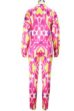 ピンクファッションカジュアルプリントパッチワークバックルターンダウンカラー長袖ツーピース