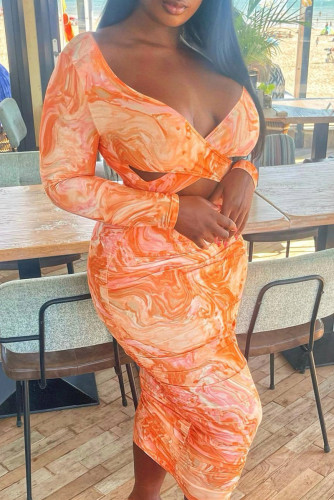 Orange Fashion Sexy Print Tie Dye Hollowed Out V Neck Long Sleeve Dresses
