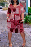 Vestido de manga curta roxo moda casual estampa patchwork decote em v