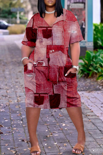 Red Fashion Casual Print Patchwork V Neck Short Sleeve Dress