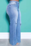Jeans de talla grande rasgados sólidos de moda azul
