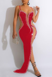 Vestido de noite vermelho sexy formal patchwork furação a quente transparente sem costas com fenda e alça de espaguete