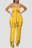 Yellow Sexy Solid Tassel Patchwork Strapless Sleeveless Two Pieces