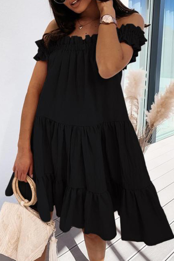 ブラック ファッション カジュアル ソリッド バックレス オフショルダー 半袖 ドレス