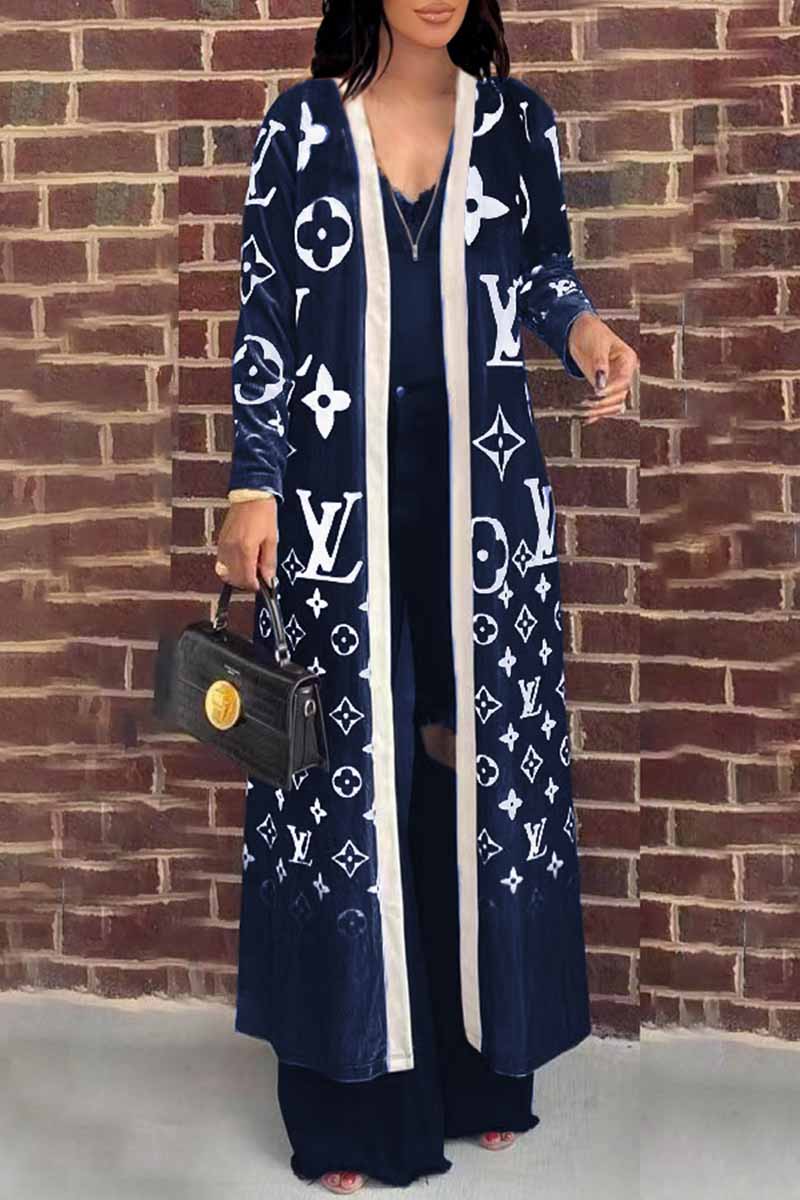 

Blue Fashion Casual Print Letter Cardigan Collar Outerwear