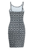 黒と白のセクシーなプリント パッチワーク スパゲッティ ストラップ スリング ドレス ドレス