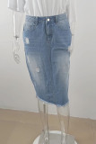 Hellblaue, lässige, solide Patchwork-Jeansröcke mit hoher Taille