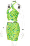 Зеленый сексуальный принт в стиле пэчворк без рукавов с лямкой на шее из двух частей