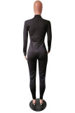 Zwarte mode casual effen patchwork halflange coltrui skinny jumpsuits