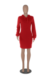 Red Casual Solid Patchwork Hooded Collar Pencil Skirt Dresses
