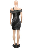 Black Fashion Sexy Patchwork Hot Drilling Hollowed Out Backless V Neck Sleeveless Dress
