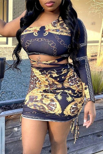 Black Fashion Sexy Print Bandage Backless Oblique Collar Long Sleeve Two Pieces