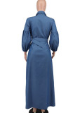 ブルー カジュアル ソリッド パッチワーク バックル ベルト付き ターンダウン カラー シャツドレス ドレス