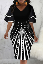 ブラック ファッション プリント フラウンス V ネック ペンシル スカート ドレス