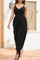 Black Fashion Solid Patchwork Spaghetti Band Harlan Jumpsuits