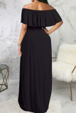 Черные модные однотонные платья-юбки с оборками и открытыми плечами