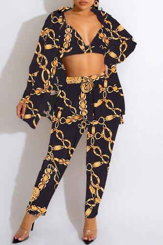 Black Fashion Casual Print Cardigan Vests Pants Turn-back Collar Long Sleeve Two Pieces