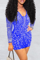 Blå Mode Sexig Patchwork Hot Drilling Genomskinlig V-hals långärmade klänningar