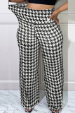 Calças pretas brancas moda casual estampa patchwork regular cintura alta