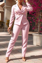 Pink Fashion Solid Buckle Turndown Kraag Lange Mouw Twee Stukken
