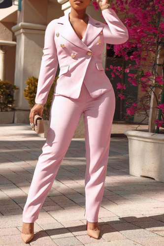 Pink Fashion Solid Buckle Turndown Collar Long Sleeve Two Pieces