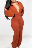 Tangerine Red Sexy Solid Patchwork V Neck Straight Jumpsuits