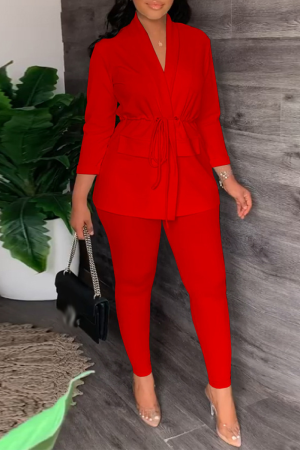 Red Fashion Solid Bandage Turndown Collar Long Sleeve Two Pieces
