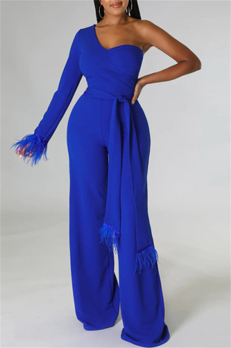 Blue Fashion Casual Solid Patchwork Backless One Shoulder Regular Jumpsuits