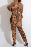 Leopardenmuster, modisch, lässig, bedruckt, Strickjacke, Westen, Hosen, Umlegekragen, Langarm, zweiteilig
