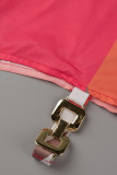 Estampado sexy rosa anaranjado ahuecado remiendo asimétrico halter tops