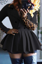 Zwarte mode casual print patchwork met riem asymmetrische kraag met lange mouwen plus size jurken