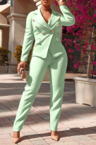 グラス グリーン ファッション ソリッド バックル ターンダウン カラー ロング スリーブ ツーピース