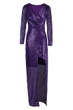 Purple Sexy Solid Sequins Patchwork Slit V Neck Evening Dress Dresses