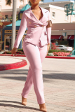 ピンク ファッション ソリッド バックル ターンダウン カラー ロング スリーブ ツーピース