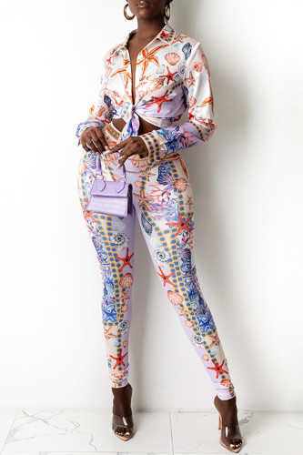 Purple Fashion Casual Print Basic Turndown Collar Long Sleeve Two Pieces