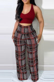 Calças de cintura alta vermelha moda casual estampa patchwork regular