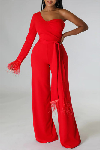 Red Fashion Casual Solid Patchwork Backless One Shoulder Regular Jumpsuits