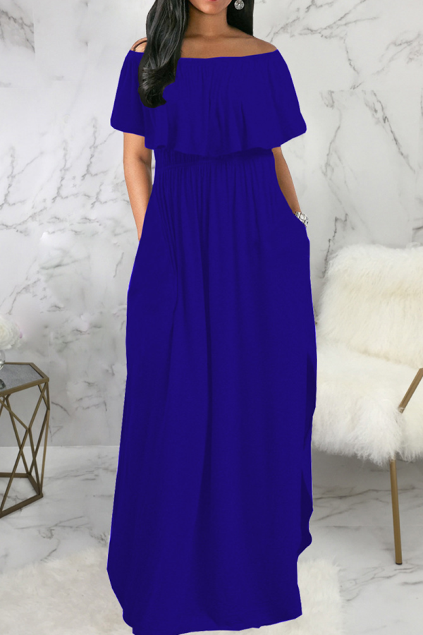 ブルー ファッション ソリッド フラウンス オフショルダー ケーキ スカート ドレス