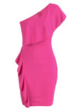 Розово-красные элегантные однотонные платья в стиле пэчворк с воланом и косым воротником, одноступенчатые юбки