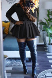 Zwarte mode casual print patchwork asymmetrische kraag met lange mouwen jurken