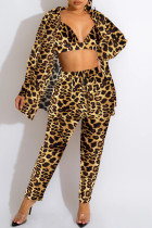 Estampado de leopardo Moda Casual Estampado Cardigan Chalecos Pantalones Cuello vuelto Manga larga Dos piezas