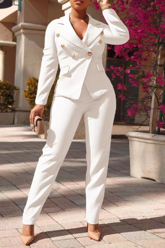 White Fashion Solid Buckle Turndown Collar Long Sleeve Two Pieces