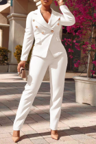 ホワイト ファッション ソリッド バックル ターンダウン カラー ロング スリーブ ツーピース