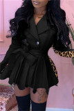 黒ファッション カジュアル プリント パッチワーク ベルト非対称ターンダウン カラー長袖プラス サイズ ドレス