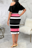 ブラック ピンク ファッション ストライプ パッチワーク ジッパー カラー ペンシル スカート ドレス
