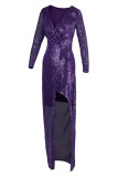 Vestido de noche con escote en V y abertura en el remiendo de lentejuelas sólidas sexy púrpura Vestidos
