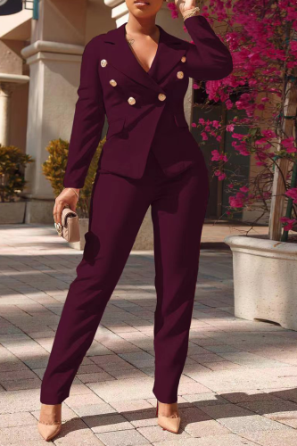 Deep Red Fashion Solid Buckle Turndown Collar Long Sleeve Two Pieces