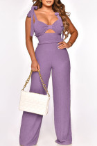 Purple Sexy Casual Solid Bandage Hollowed Out Backless Spaghetti Strap Regular Jumpsuits